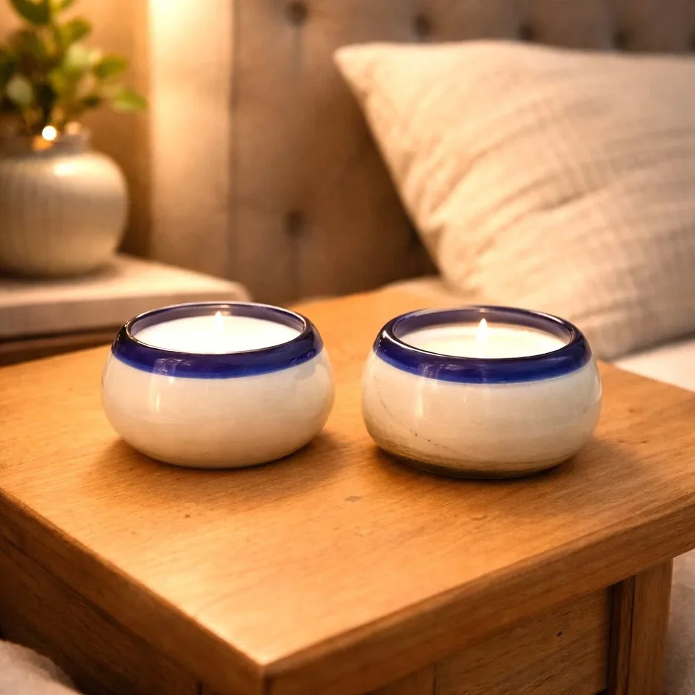 Set of 2 Colbalt Blue Rimmed Mexican Glass Small‎ Candles - New
